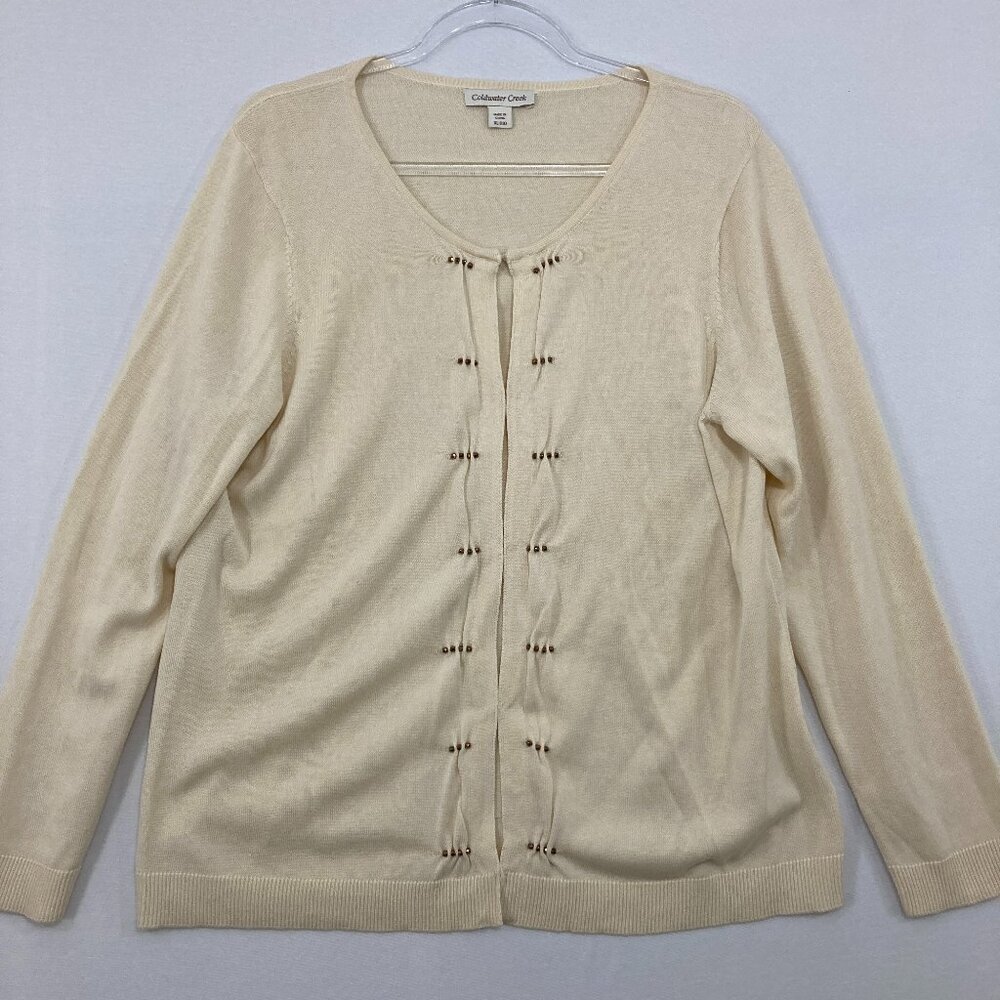 Coldwater Creek size‎ XL Cream Beige Silk Blend Beaded Button Cardigan Preppy